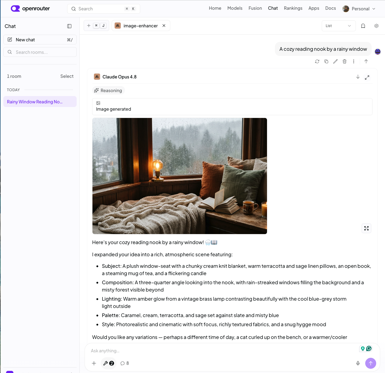 OpenRouter Chatroom showing the image-enhancer preset expanding the prompt 'A cozy reading nook by a rainy window' into a detailed visual brief and generating a photorealistic image