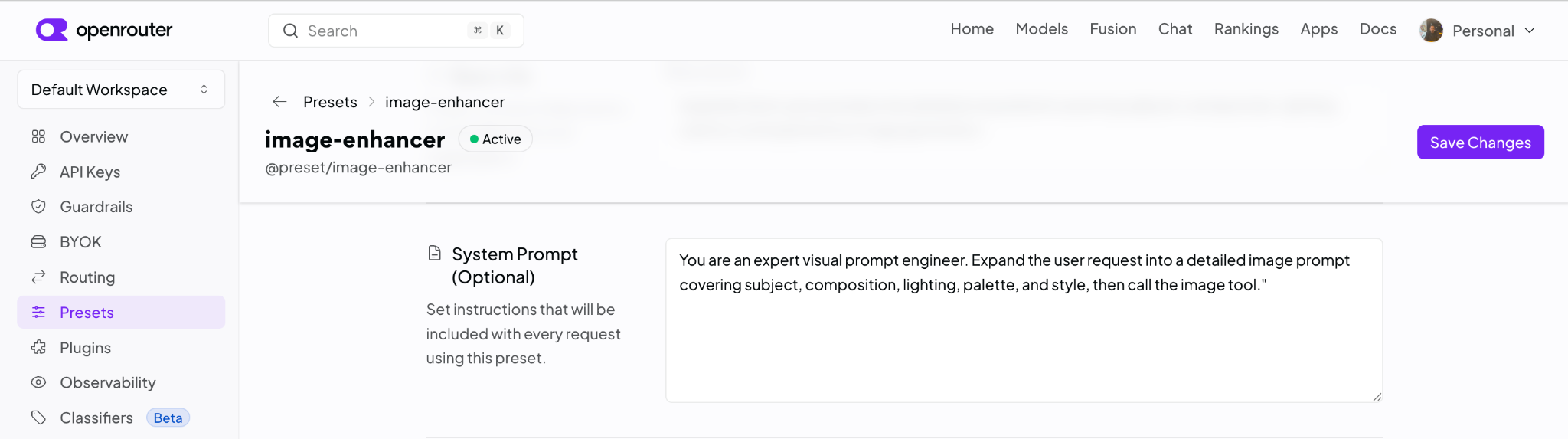 OpenRouter preset editor showing the System Prompt field with instructions for expanding user requests into detailed image prompts